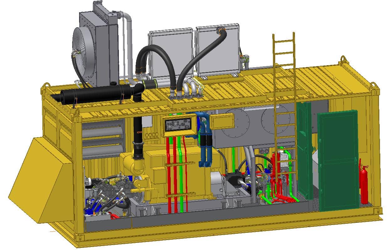 schema 3d d'un container contenant une centrale hydraulique réalisé par le bureau d'études d'hydrofluid technologies